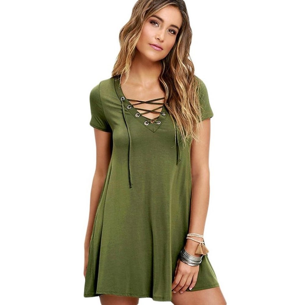 Lace-Up Neck High Low Shirt Dress Size L - Picture 3 of 6